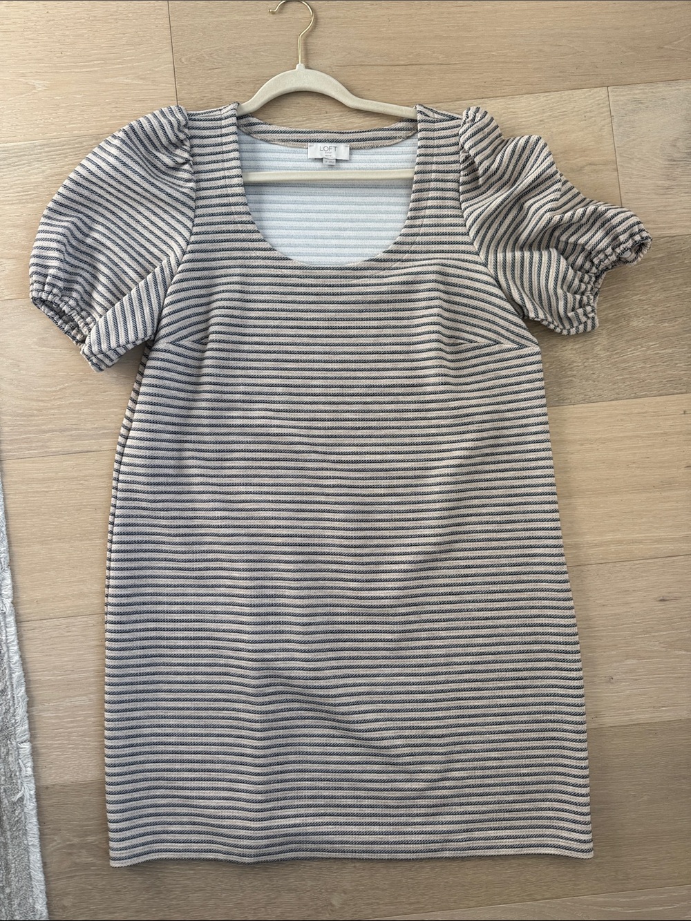 LOFT Cream and Black Striped Puff Sleeve Knit Mini Dress